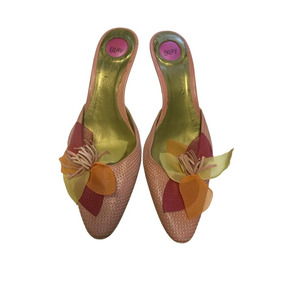 BLAY SPAIN FLORAL KITTEN HEEL MULES WOMEN 35.5 TAN GREEN Y2K SLIP ON HEELS